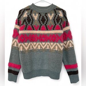 NWOT Women's THML Gray and‎ Pink Crew Neck Sweater With Nordic Patterns Small